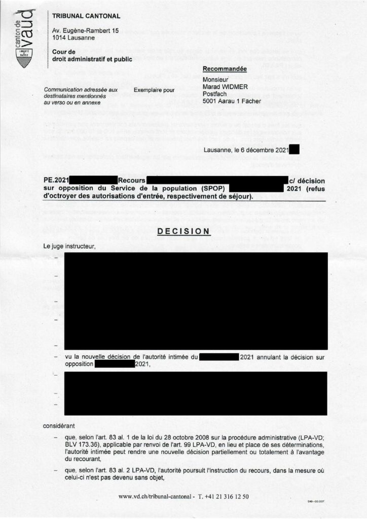 Лозанна получение ВНЖ пенсионера Административный суд