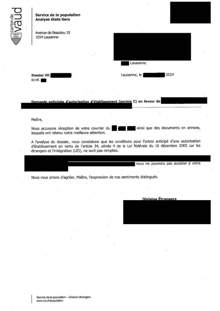 Адвокатское бюро в Лозанне отказ пермит С